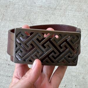 Vintage Brown Italian Top Grain Leather Boho Belt with Geometric Pattern Buckle
